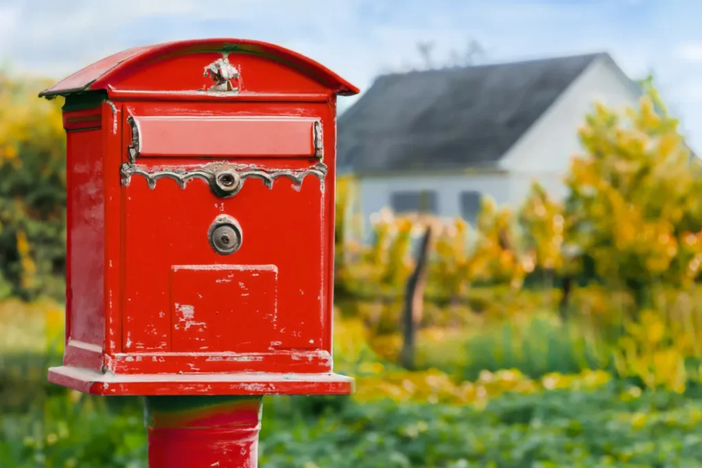 Boîte aux lettres rouge vintage devant une maison de campagne et un jardin